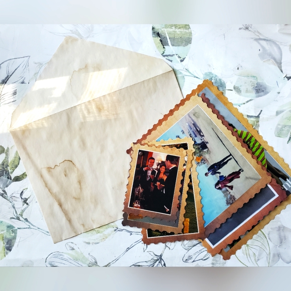 😀 HAND CRAFTED Set of 6 hinged vintage note paper journal cards with envelope
